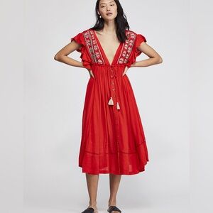 Free People Bali Embroidered Midi Dress XS Red Boho Festival NWT MSRP$168
